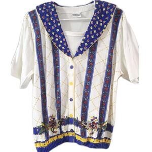 Vintage Napa Valley Short Sleeve Blouse Floral Grandmacore White Blue Yellow Lg